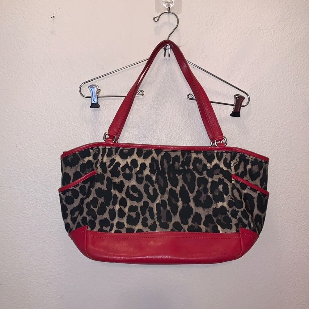 Coach Park Ocelot Leopard Print Canvas Red Leather Trim Shoulder Tote Bag